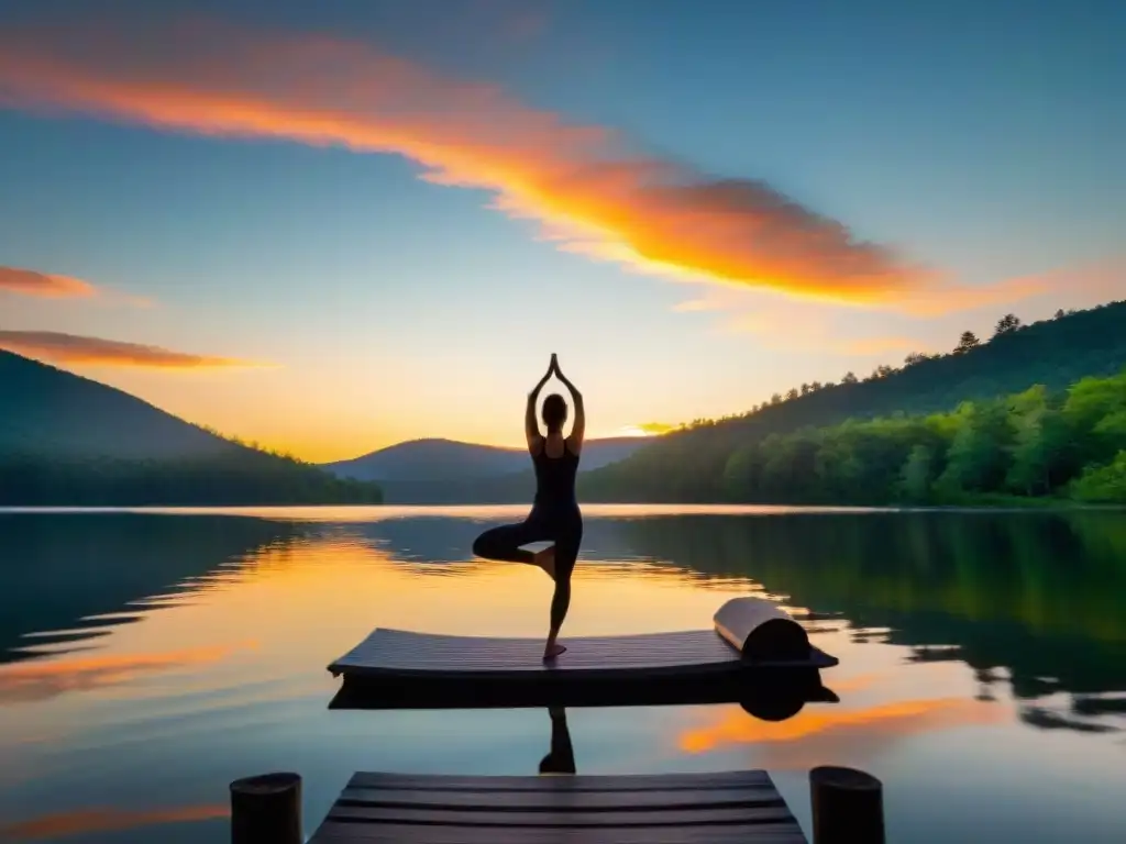 Una persona practicando yoga al amanecer en un lago sereno rodeado de bosques, reflejando la transformación espiritual