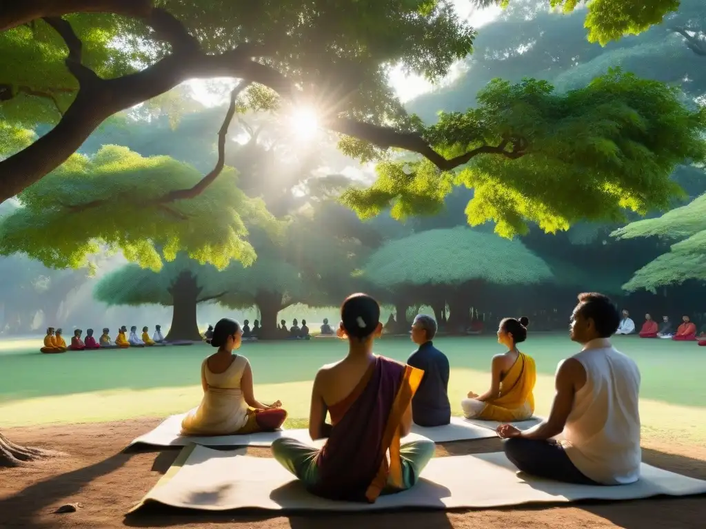 Personas meditando bajo un árbol Bodhi en un bosque tranquilo al atardecer