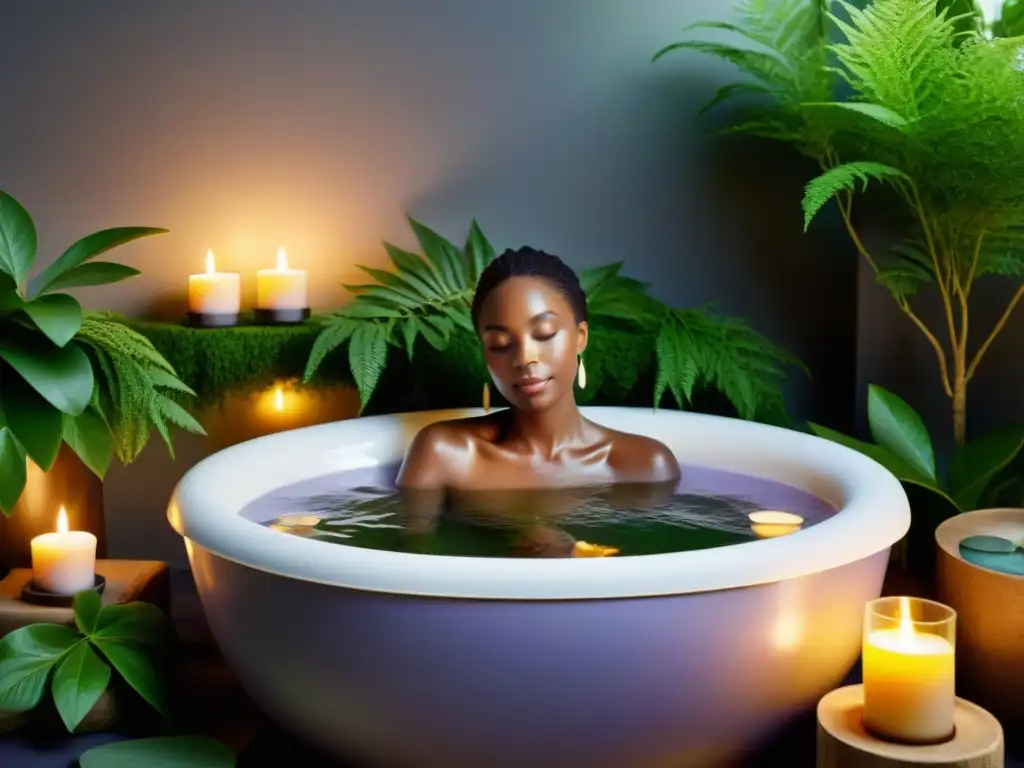 Experiencia de spa: baños terapéuticos en un entorno sereno Personas disfrutando de baños terapéuticos en un spa, rodeadas de naturaleza y luz cálida, evocando tranquilidad y bienestar holístico