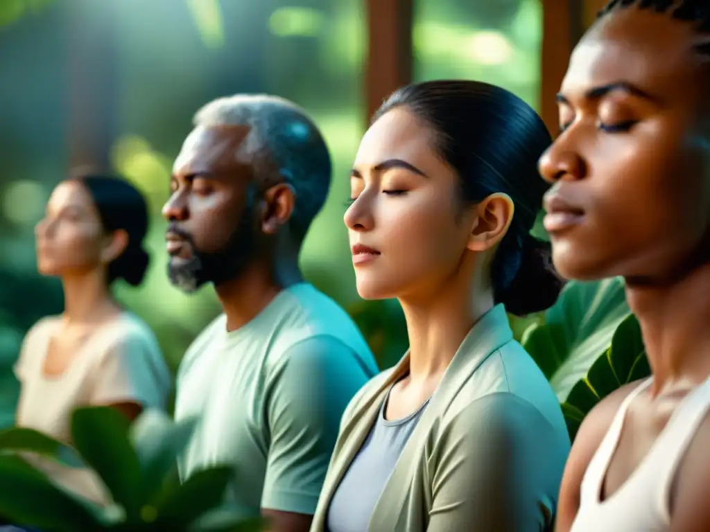 Personas diversas meditan en grupo, concentradas, rodeadas de luz y naturaleza, creando un ambiente sereno y calmado