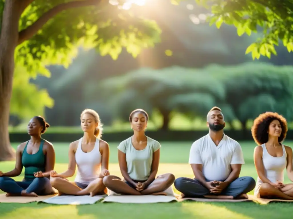 Personas diversas meditan juntas en un parque, irradiando serenidad al atardecer