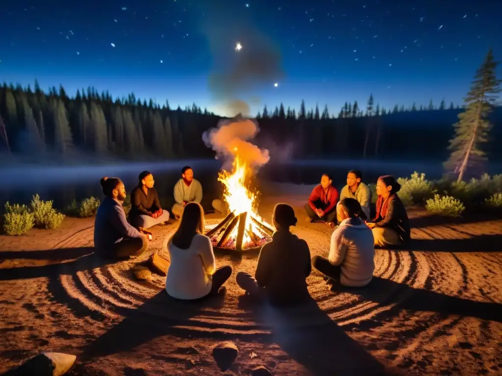 Personas en ritual nocturno alrededor de fogata, rostros iluminados por llamas, cielo estrellado