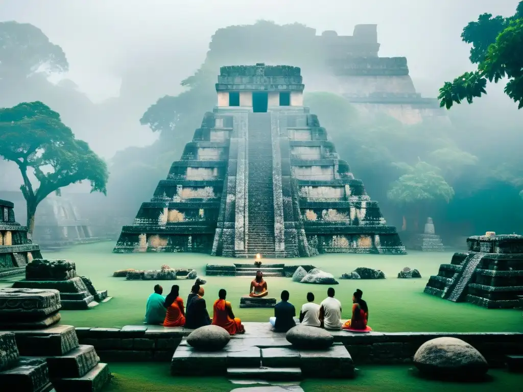 Personas meditando en un templo maya antiguo, con carvings detallados en piedra