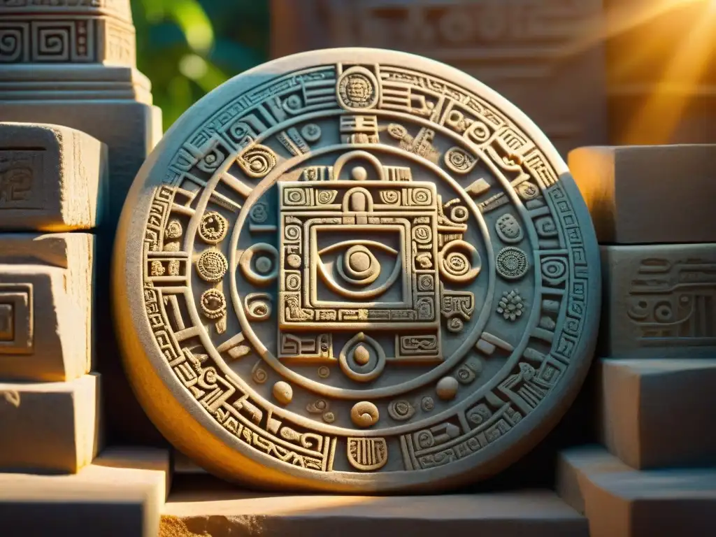 Una piedra del calendario maya con intrincadas geometrías sagradas en vida diaria, iluminada por el sol en ruinas antiguas