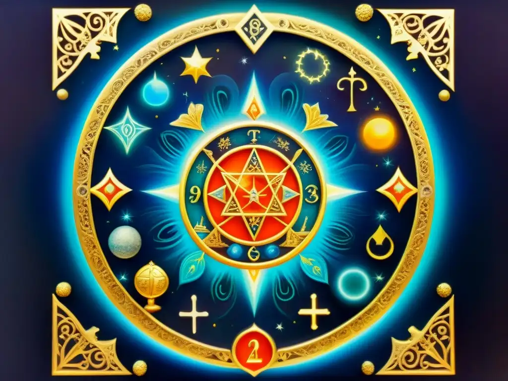 Pintura detallada de figura con carta de Tarot brillante rodeada de símbolos zodiacales y energía etérea