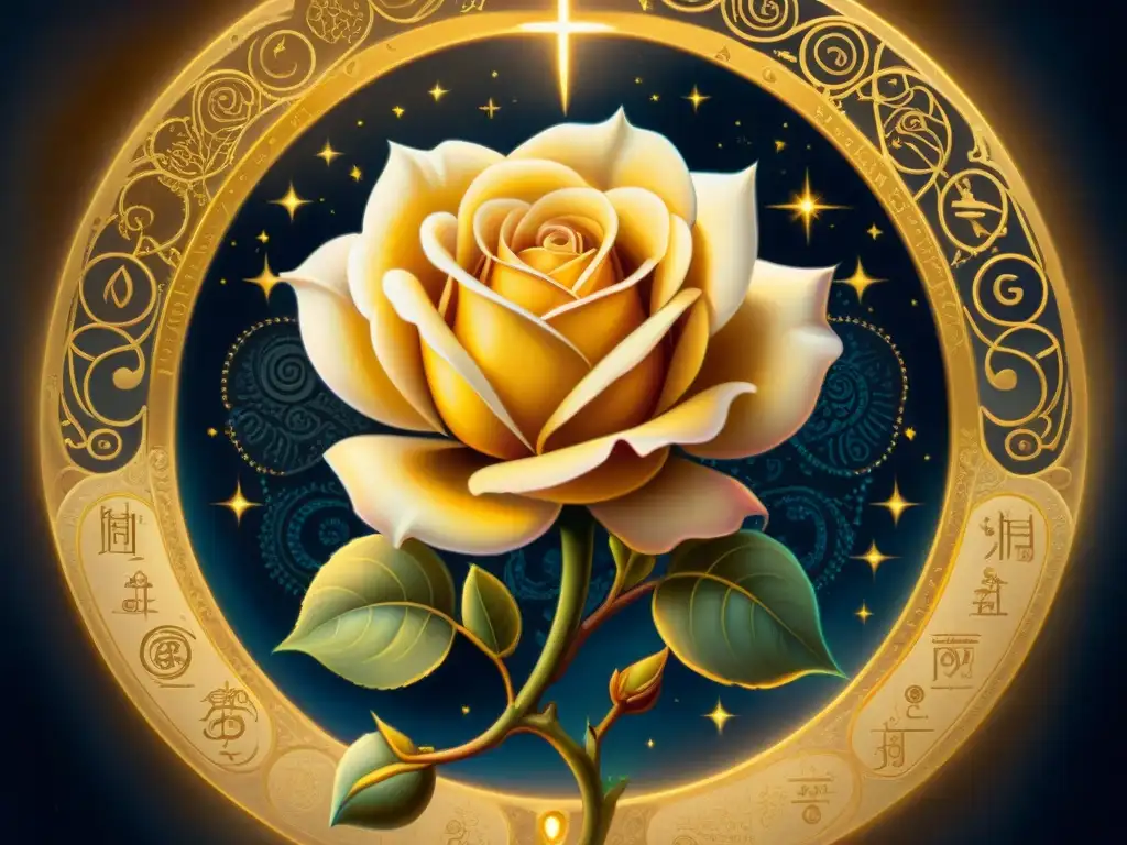 Rosacielo místico: rosa, llaves doradas y símbolos celestiales Una pintura detallada de una rosa mística con llaves doradas, rodeada de manuscritos antiguos y símbolos celestiales, iluminada por una luz etérea