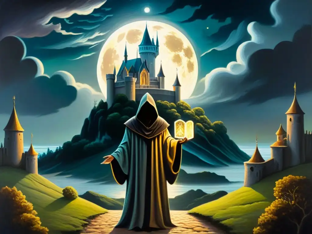 Una pintura al óleo detallada con simbología profunda del Tarot en el arte: un misterioso personaje frente a un castillo, bajo la luz de la luna llena