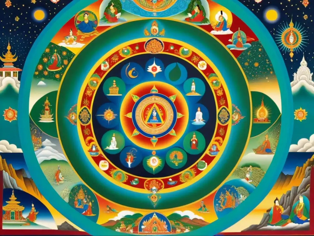 Pintura tibetana detallada del Bardo Thodol con seres guía en el más allá