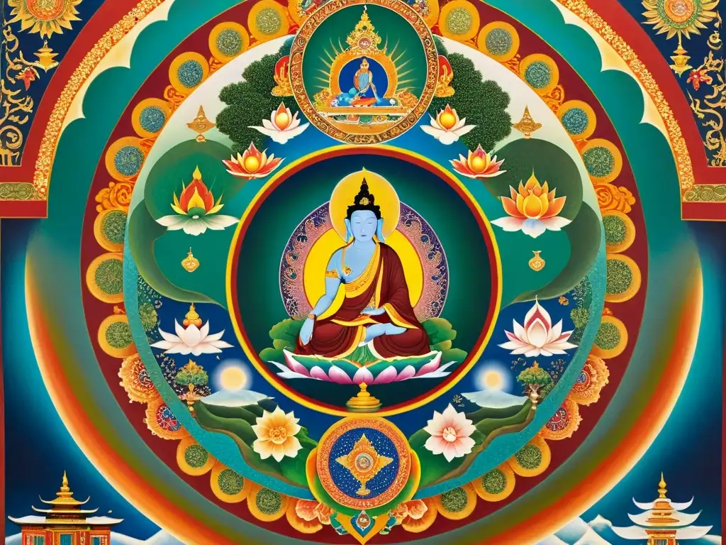 Pintura tibetana detallada de enseñanzas budistas iluminación sociedades secretas, con colores vibrantes y serenidad