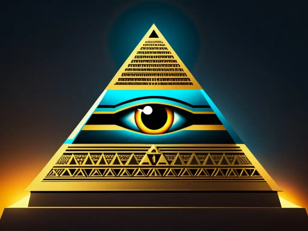 Una pirámide detallada con el 'ojo que todo lo ve' en la cima, reflejando la influencia de la estructura piramidal Illuminati en la sociedad