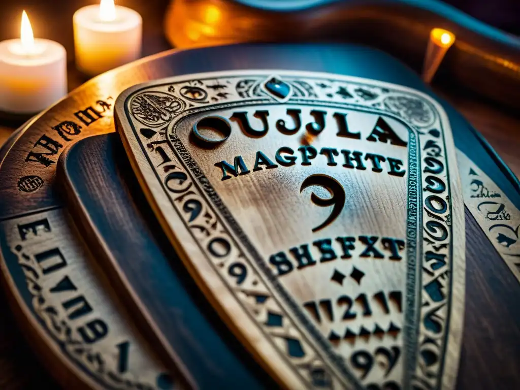 Un Planchette con mensajes espirituales funciona sobre tablero Ouija vintage, iluminado por velas