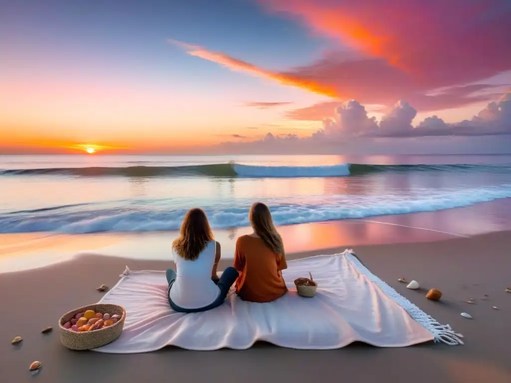 Una playa serena al atardecer, con pareja en un viaje de luna de miel astrológico, cestas de frutas y telescopio