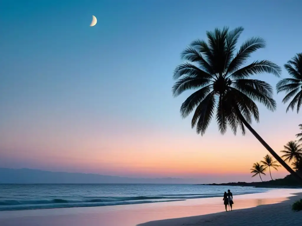 Una playa serena al anochecer, con la luna ascendiendo sobre el horizonte y una pareja contemplando el espectáculo celestial