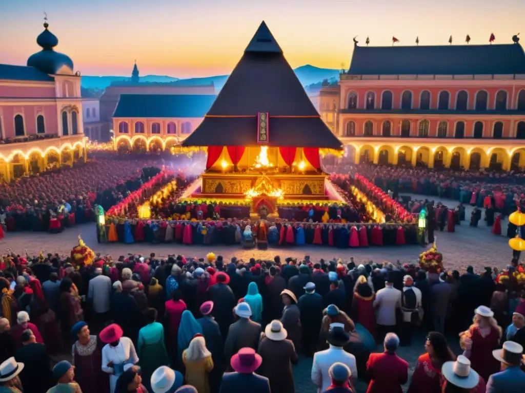Plaza festiva: misterio y tradición en la ciudad Una plaza de ciudad abarrotada en festival tradicional, con decoraciones vibrantes, disfraces elaborados y símbolos misteriosos sutilmente integrados