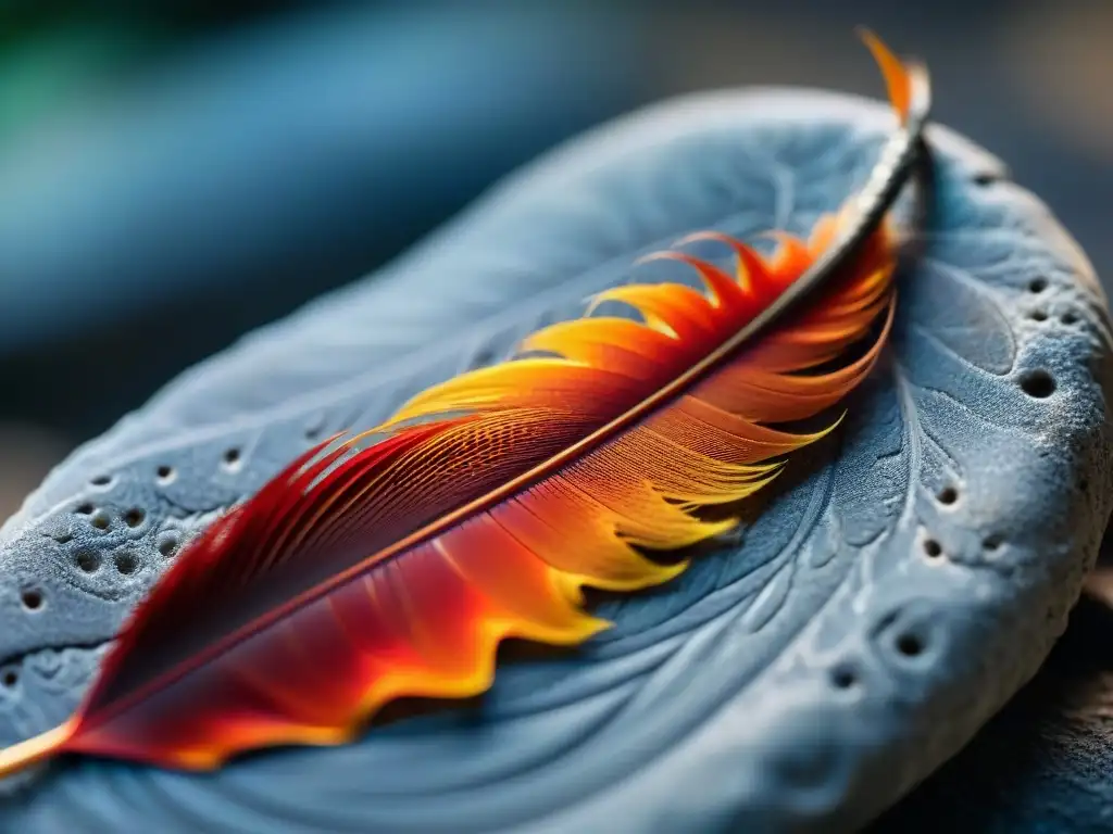 Un plumaje de fénix rojo y naranja sobre un altar de piedra antigua, evocando rituales de renacimiento significado