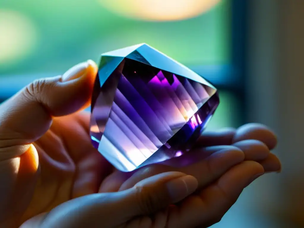 El poder de los cristales efectivos: mano sosteniendo un vibrante cristal de amatista morada, reflejando luz y sombras