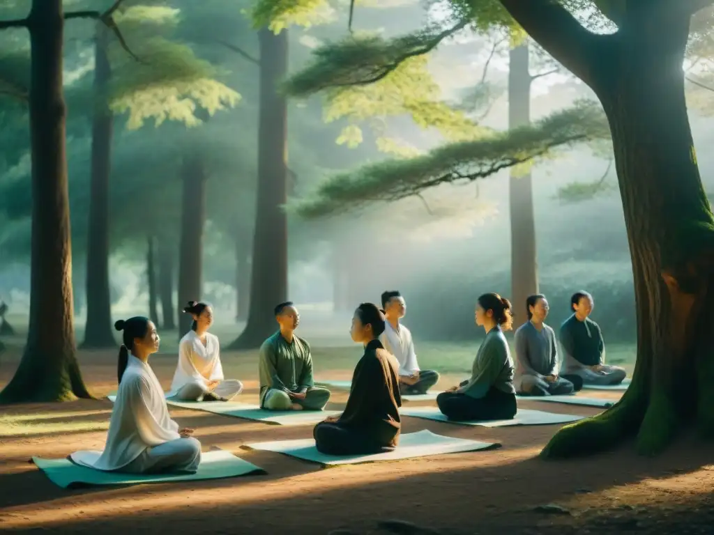 Practicantes de Qi Gong en bosque neblinoso al amanecer