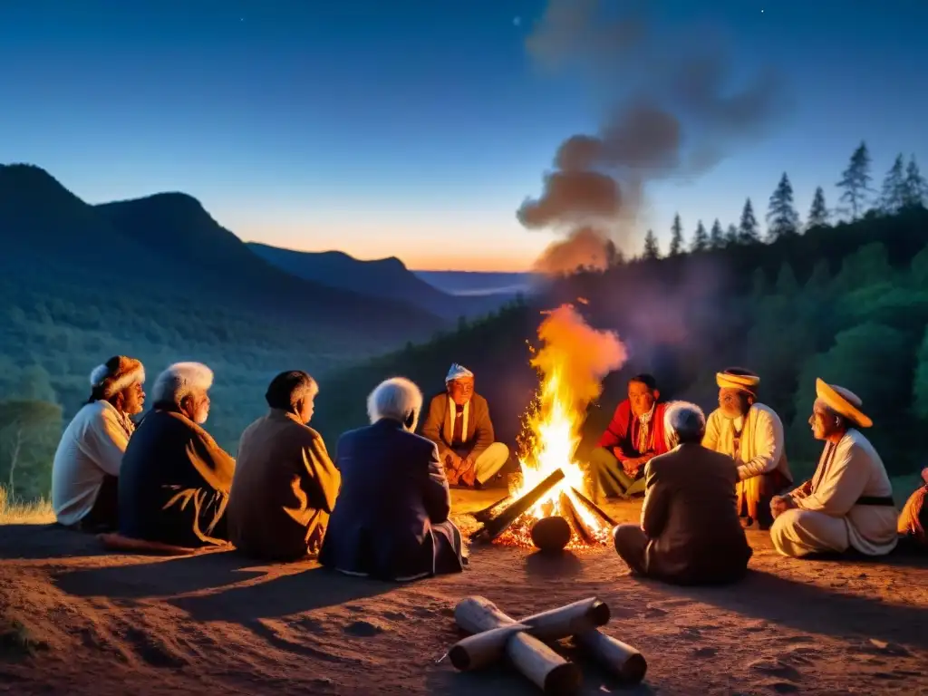 Prácticas ancestrales en sociedad actual: Ancianos indígenas reunidos alrededor de una fogata, en ritual nocturno en el bosque