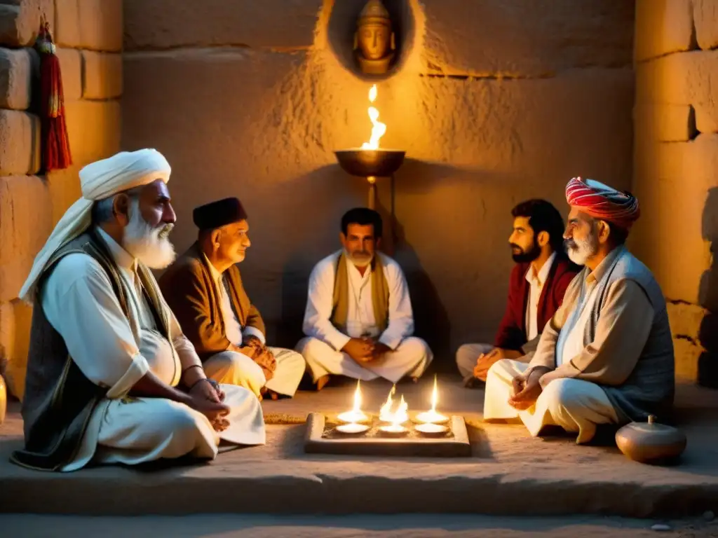 Prácticas esotéricas Yezidis Mesopotamia: Ancianos Yezidis en ritual sagrado rodeados de velas en templo