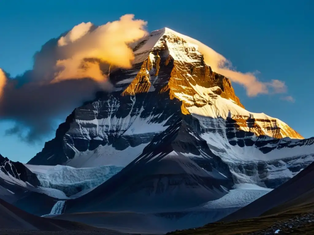 Primera luz del amanecer iluminando el Monte Kailash, revelando secretos de la montaña sagrada