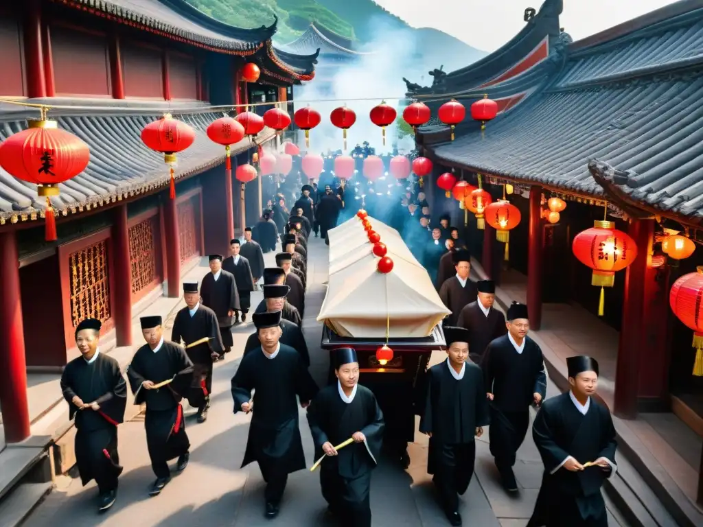 Una procesión funeraria china detallada con participantes vestidos de negro, llevando ofrendas y quemando incienso bajo faroles rojos