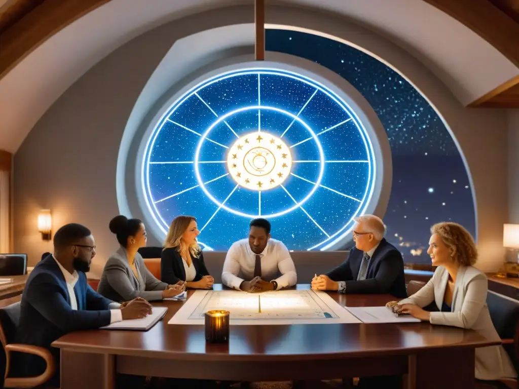 Reunión de negocios con astrología: gráficos y charlas bajo las estrellas Profesionales debatiendo sobre astrología en una reunión de negocios