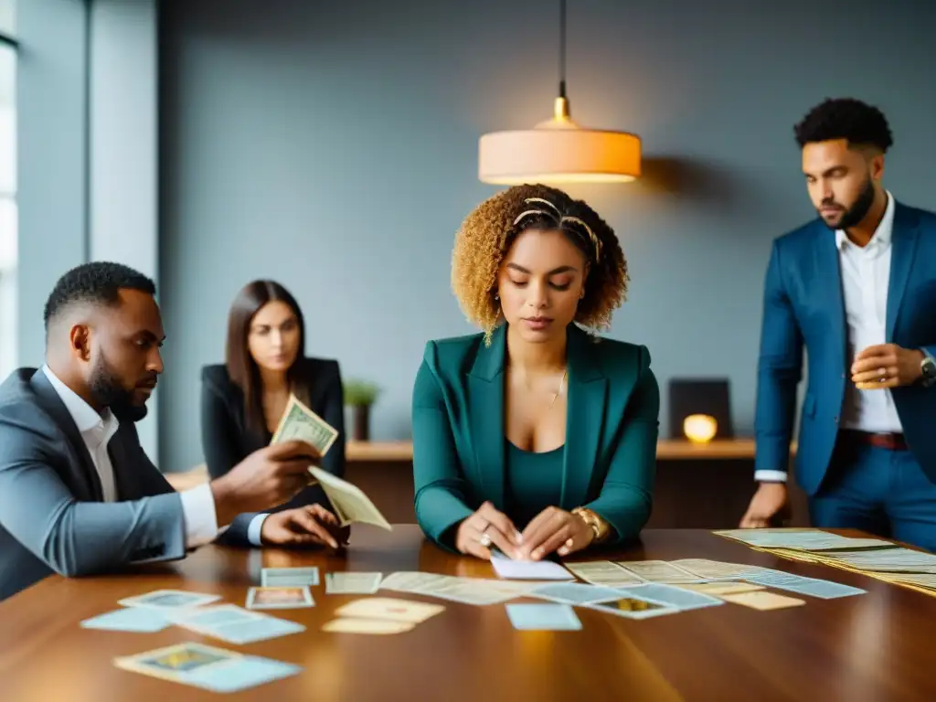 Profesionales en oficina moderna usan tarot para éxito profesional en sesión de brainstorming