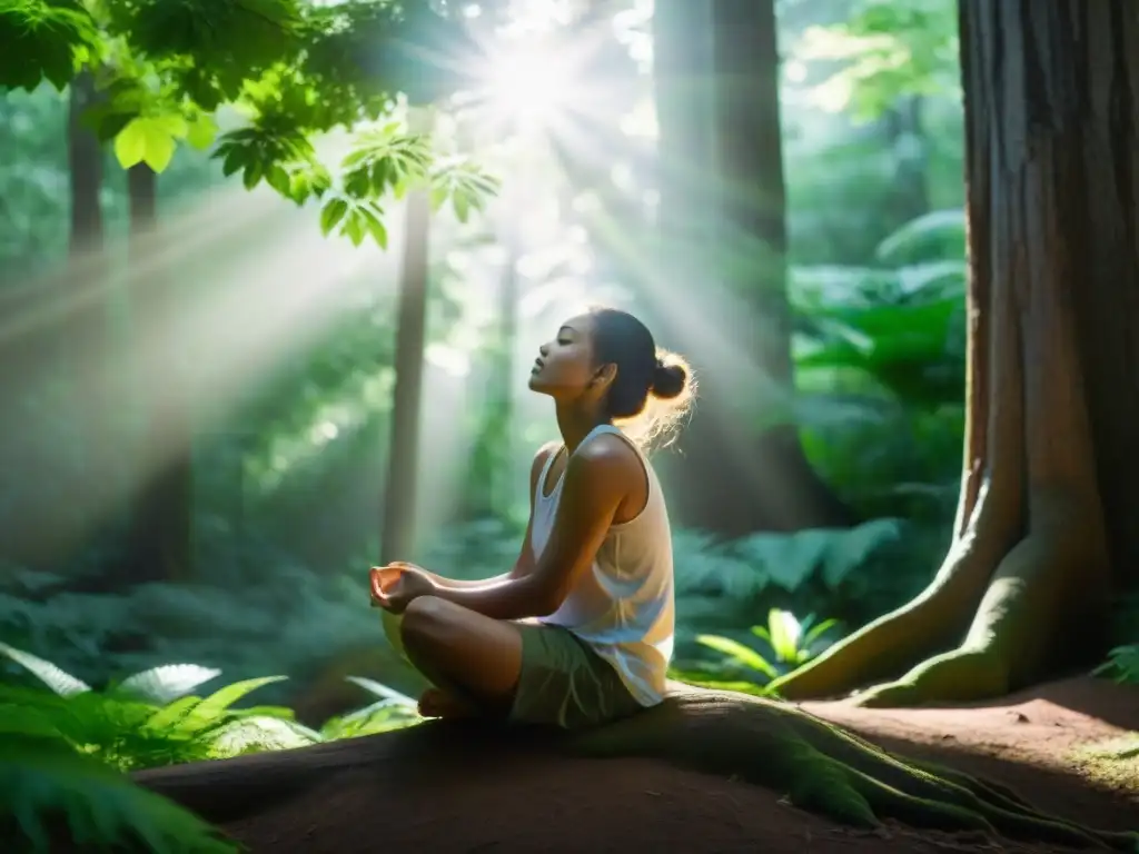 Meditación profunda en el bosque: persona en calma practicando técnicas antiguas de respiración revitalizante