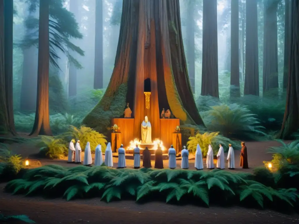 En las profundidades del bosque de secuoyas, miembros de Bohemian Grove realizan un misterioso ritual alrededor de un altar de piedra, bajo la luz filtrada del sol