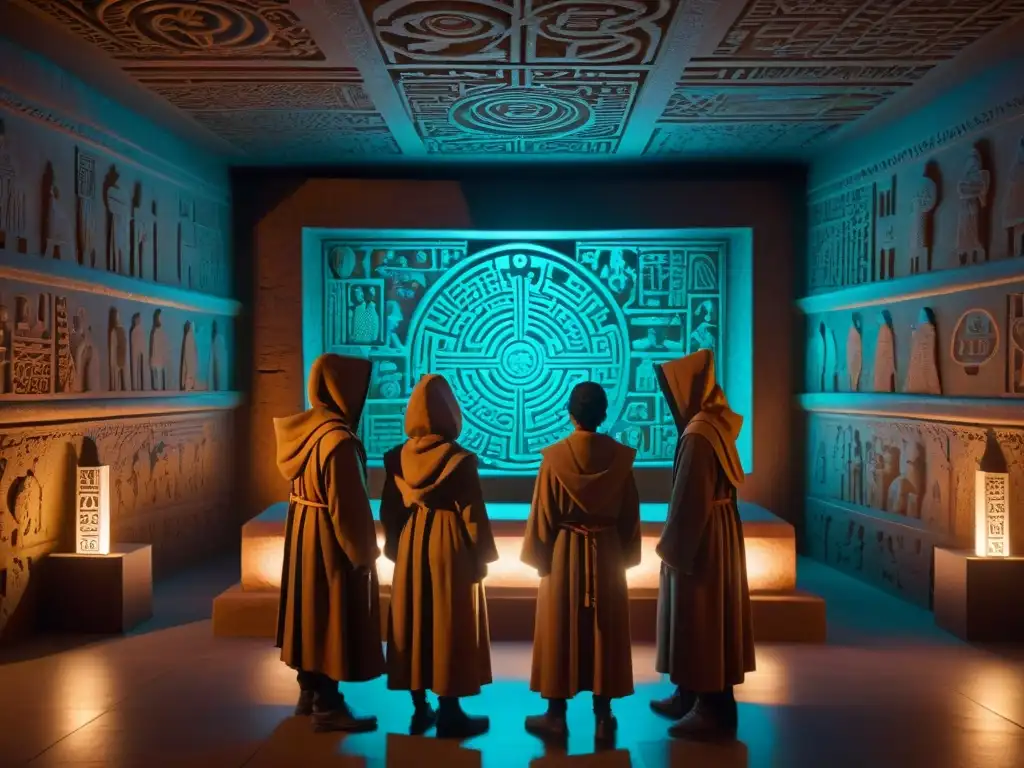 Chamber esotérica: Realidad aumentada y simbolismo secreto En lo profundo de una cámara subterránea, sociedades secretas en realidad aumentada exploran símbolos misteriosos