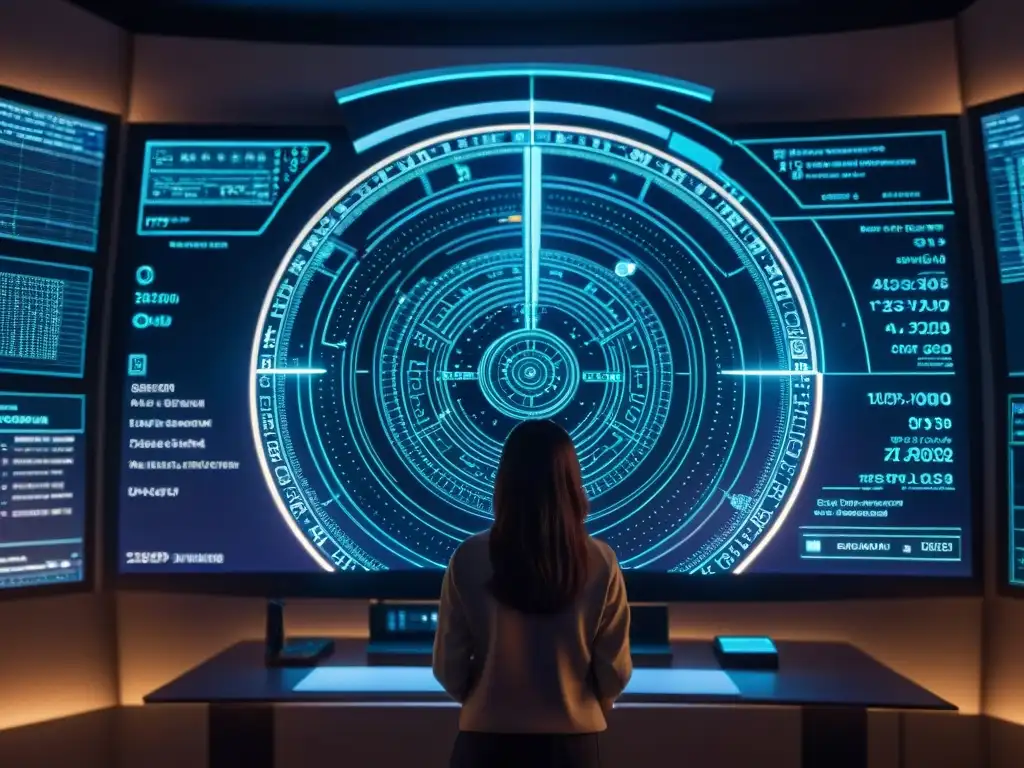 Programas avanzados para predecir futuro: Pantalla con código y visualización de datos astrales en ambiente tecnológico futurista