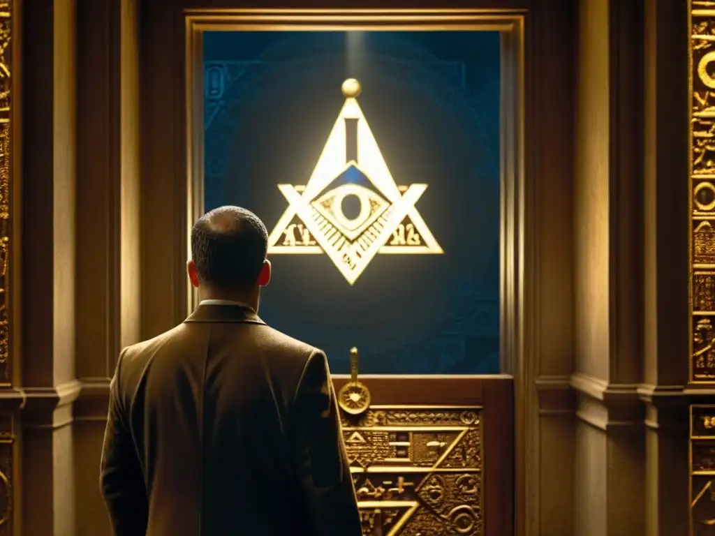 Misterios Masonicos: Descifrando Secretos en la Sombra El protagonista descifra mensajes ocultos en símbolos masónicos, rodeado de artefactos y secretos en corredores iluminados tenues