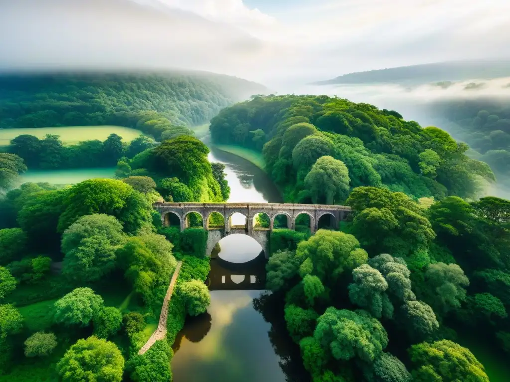Un puente de piedra majestuoso entre niebla, con símbolos celestiales antiguos