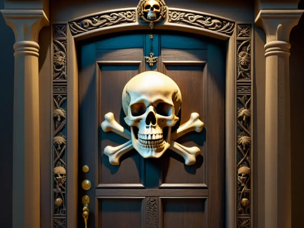 Una puerta de madera tallada con el emblema de Calavera y Huesos de Yale