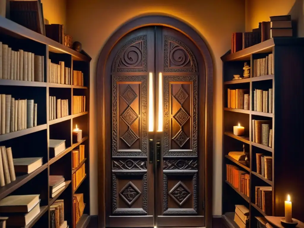 Portal místico a la sabiduría ancestral Una puerta de madera tallada con símbolos antiguos, entreabierta hacia una cámara iluminada por velas, con estantes de libros y artefactos misteriosos