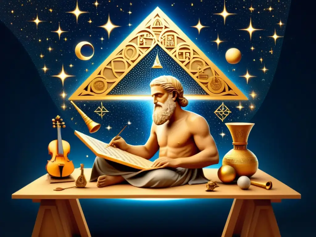 Pythagoras inmerso en símbolos esotéricos teoría musical, conectando armonía universal