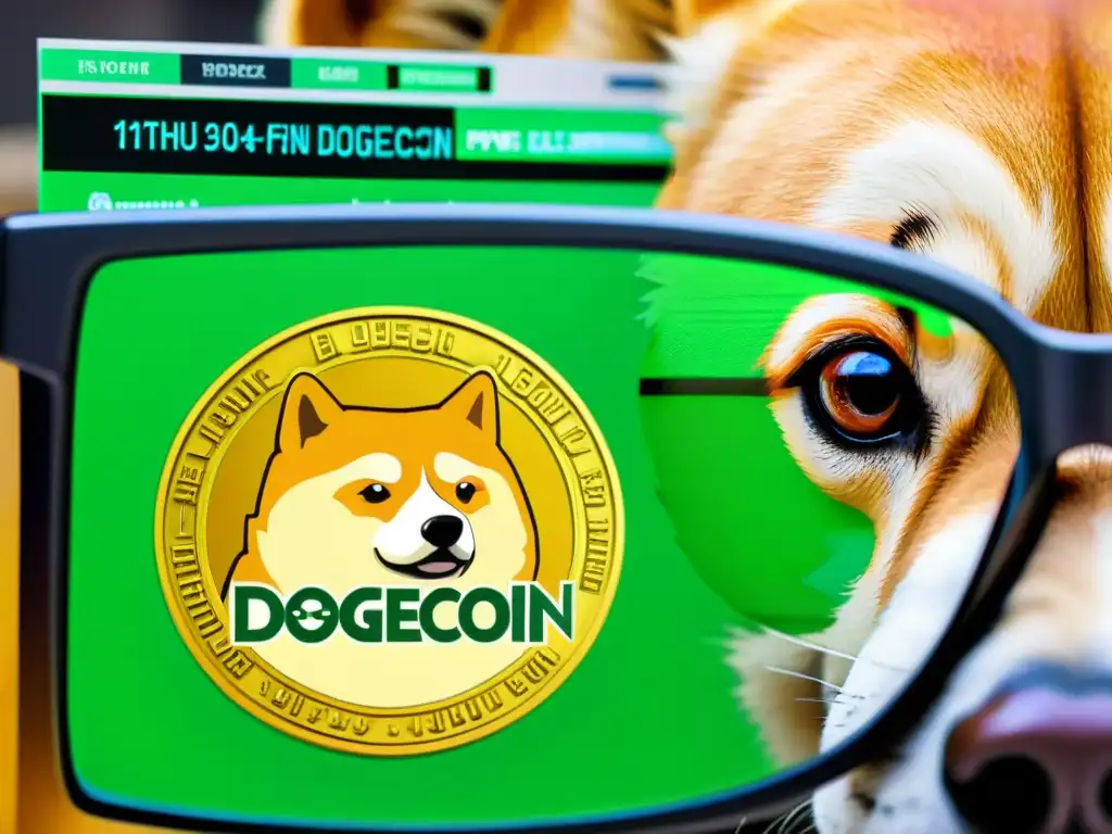 Un reflejo del logo Dogecoin rodeado de memes e símbolos, reflejado en gafas, capturando el culto absurdo