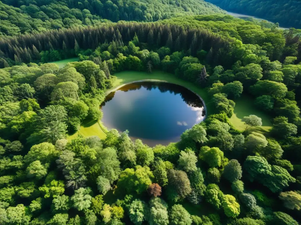 Un refugio espiritual secreto en el corazón de un bosque, donde sociedades secretas se reúnen en armonía con la naturaleza