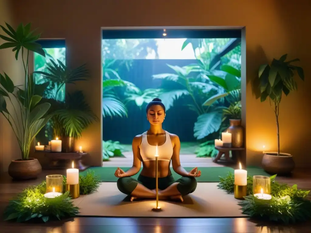 Un refugio de paz y sanación en una habitación de meditación iluminada por una suave luz dorada