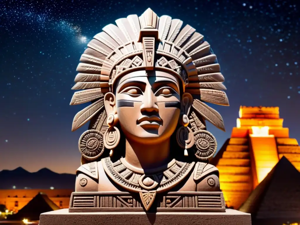 Relieve de guerrero azteca mirando las estrellas en la ciudad con 'Sociedades secretas precolombinas visitantes estelares'