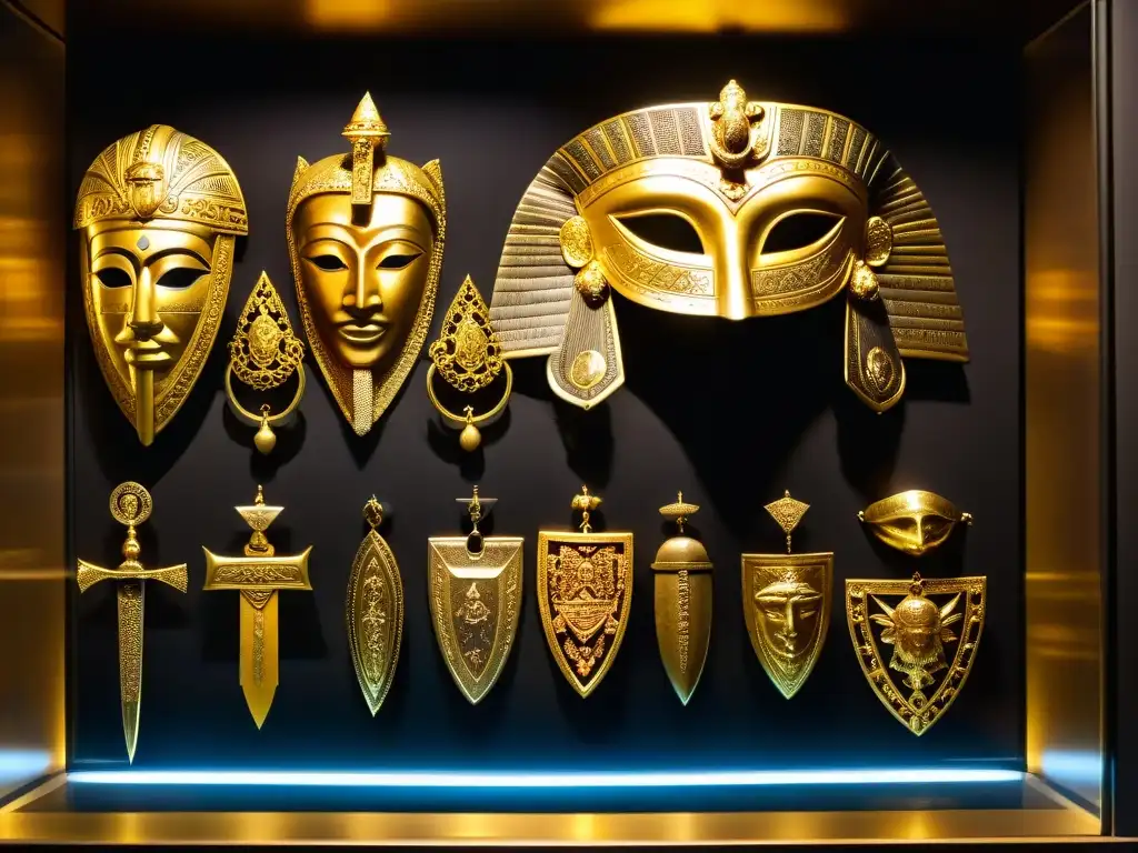 Relucientes artefactos de oro con símbolos misteriosos en vitrina, revelando la historia de sociedades secretas