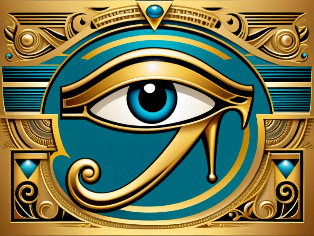 Una representación detallada del símbolo del Ojo de Horus en alta resolución, destacando sus elementos y simbolismo místico