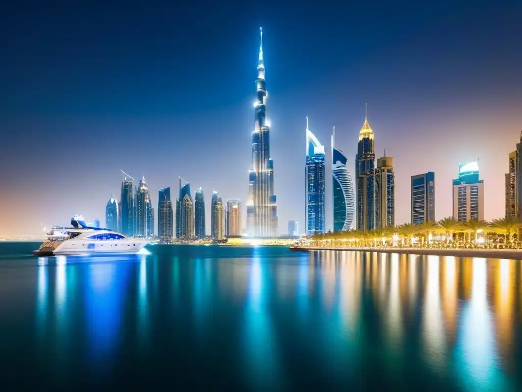 El resplandeciente skyline de Dubái de noche, con el Burj Khalifa y el Burj Al Arab iluminados, reflejados en el Dubai Marina