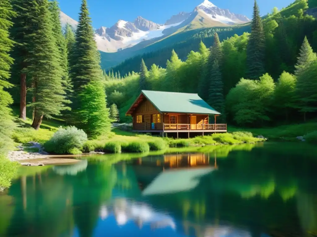 Retiro espiritual en el bosque: cabaña de madera, arroyo cristalino y montañas nevadas