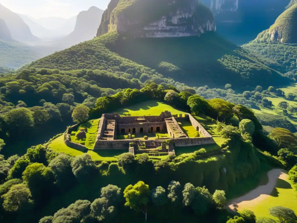 Retiros espirituales en sitios arqueológicos: Antigua ruina entre naturaleza mística y montañas nebulosas al atardecer