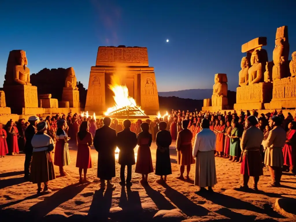 Retiros espirituales en sitios arqueológicos: Ceremonia ancestral en ruinas iluminadas por antorchas bajo la luna