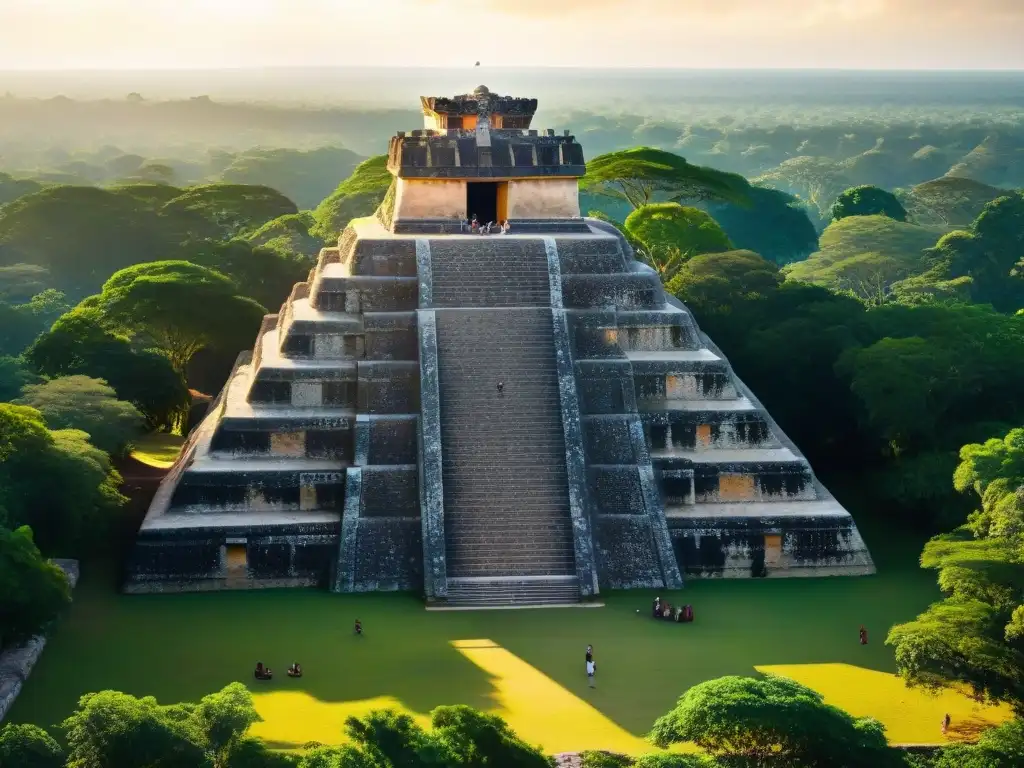 Retiros espirituales en sitios arqueológicos: Antigua pirámide maya bañada en luz dorada, visitantes en meditación junto a un chamán