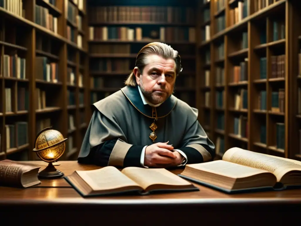 Retrato de Sir Francis Bacon en una biblioteca llena de símbolos alquímicos, libros antiguos y mapas