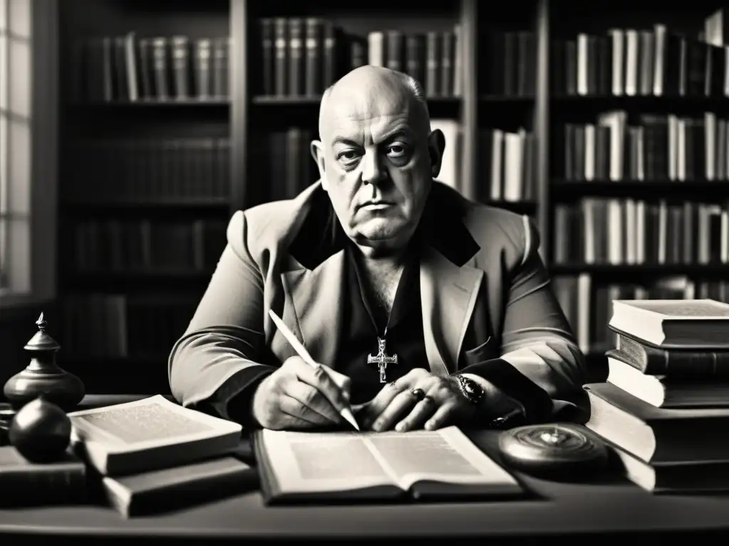 Retrato en blanco y negro de Aleister Crowley en su escritorio, rodeado de libros y manuscritos, su mirada intensa fija en el espectador