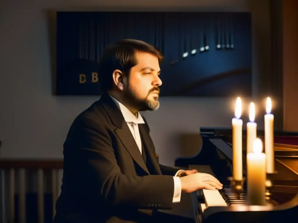 Retrato de Claude Debussy en su piano, rodeado de velas y símbolos misteriosos